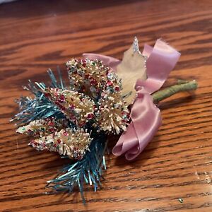 Vintage Christmas Corsage With Bottle Brush Trees And Glitter Lined Leafs