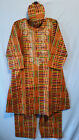 African Kente Print 3Pcs Men Long Dashiki Pant Suit Orange Green Free Size