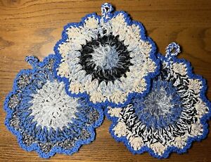 New ListingDischcloth Scrubbies COBALT BLUE CREAM BLACK Crochet Extra Large XL Scrubby Rags