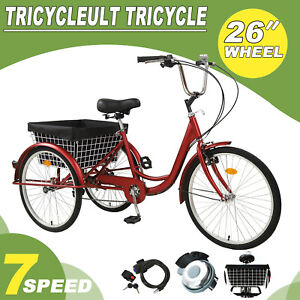 Adult Tricycle Three Wheel Trike Bike Cruiser 7 Speed 26″ w/ Cargo Basket RED