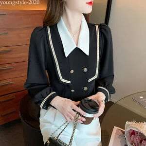 Korean Women Colorblock Puff Sleeve Chiffon Business Workwear Blouse Tops Shirts