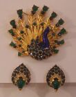 Vintage Boucher Emerald Glass Cabochon Rhinestone Peacock Brooch Earring Set