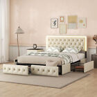 Queen Upholstered Bed Frame with 4 Storage Drawers and LED Headboard