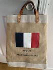 Vintage Apologies French Trotters Burlap Market Bag w/ Leather Handles
