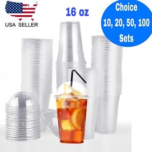 16 oz Plastic Cups With Dome Lids Disposable Ice Cold Drink Party Cup