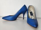 New Wave Blue Leather High Heels Pointed Toe Pumps Buskens Vtg 80s Womens Sz 8