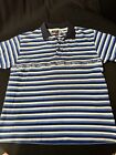 VTG TOMMY HILFIGER JEANS MENS LARGE POLO SHIRT BLUE WHITE STRIPED SPELLOUT 90s