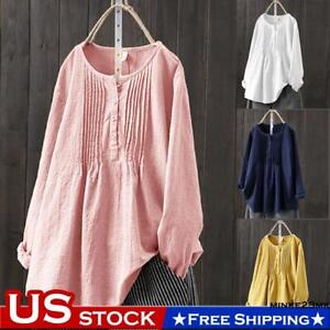 Women Cotton Linen Long Sleeve T-Shirt Blouse Casual Loose Tunic Tops Plus Size