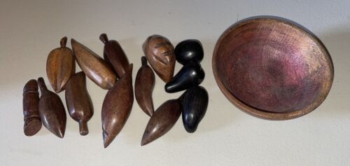 VTG Wooden Fruit & 4” Bowl, Assorted Shapes And Sizes 14pcs