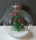 Vintage Clear Christmas Ornament w Bottle Brush Green Tree wRed balls Inside