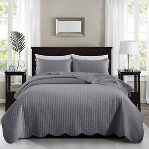 3 Piece Gray Quilted Bedspread Twin Queen King Size Embossed Coverlet Bed Throw