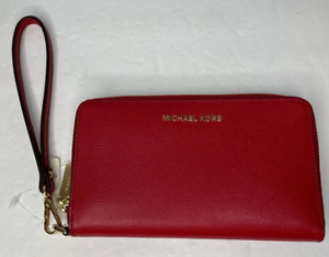 NEW Michael Kors Jet Set Travel Large Red Leather Wallet Wristlet