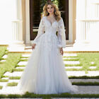Applique Lantern Sleeve Wedding Dresses Tulle Sweep Train Backless Bridal Gowns