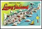 Postcard Greetings From Long Island Large Letter Map Fishing Sailboats  New York