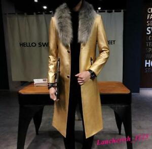 Men's Faux Leather Trench Coat Fur Collar Jacket Outwear Slim Fit Overcoat Warm