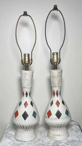 New ListingVtg PAIR MCM Table Lamps Atomic Red Blue Green Diamonds Rare Find Retro Works