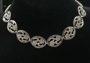 WRE 925 Sterling Silver - Vintage Open Flower Swirl Link Chain Necklace - NE1510
