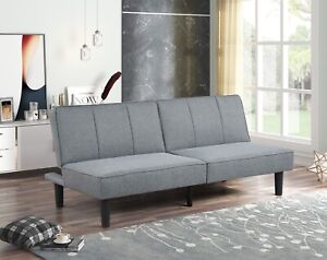 Convertible Studio Futon, Gray Linen Upholstery, Foldable Sofa Bed Lounger NEW