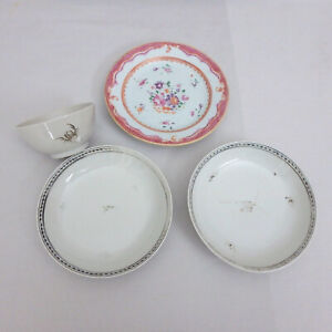Lot of 4 Antique Chinese Export Porcelain Pcs - Plate, Cup, Two Saucers