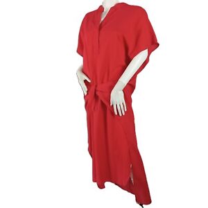 Vince Women's Tie Front Kaftan Dress Size Medium Red Cotton V-Neck Short Sleeve