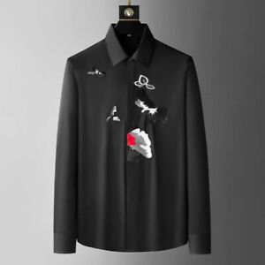 Elegant Men Luxury Bird Embroidery Party Long Sleeve Slim Fit Dress Shirt
