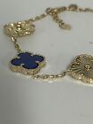 Beautiful 14k Gold Link Solid Lapis And Gold Flowers 8” Bracelet
