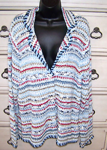 Orvis cardigan sweater blue textured striped button crochet vintage womens XL