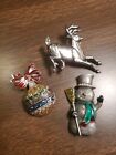 VTG Lot of 3 Christmas Brooch, Pins: Ornament,Deer, Snowman -2 SIgned