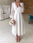 A-Line V Neck Long Sleeve Ankle Length Chiffon Bridal Gown - Little White Dress