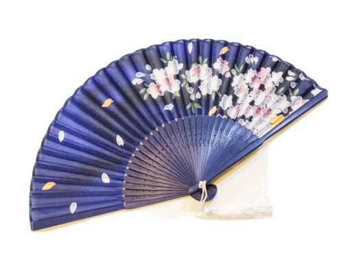 Chinese Silk Hand Fan Handheld Folding Fan With White Cherry Blossom Design