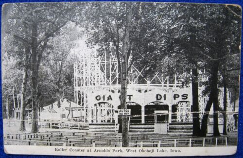 Ca 1930s Postcard Giant Dips Roller Coaster Arnolds Park West Okoboji Lake Iowa