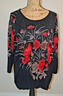 C.D. Daniels Black Top with Red and Tan Florals w Beaded Front - 2X