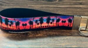 Key Fob Chain Holder Wrist Lanyard Strap Hands Free Tropical Palm Trees Sunset