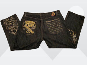 Crown Holder Men's Black Wash Embroidered Button-Fly Hip-Hop Jeans Size 44 Vtg