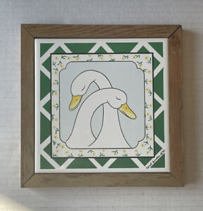 Vintage Tile Trivet Geese Swan Ducks Framed Signed Carol Gordon 1983 Wall Art