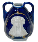 Antique Art Nouveau Pate Sur Pate Mucha Lady Miniature Cobalt Blue Cabinet Vase