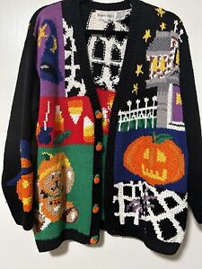 Vintage Halloween Cardigan Sweater Large Allover Spooky Pumpkins Button Up