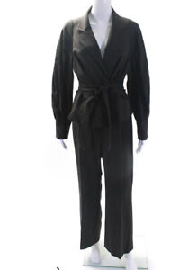 Yansi Fugel Womens Brown Wool Belted Long Sleeve Blazer Pants Suit Set Size M 10
