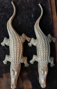 (2) Two Vintage Brass Figurine Crocodile Alligator Natural Patina 2lbs Each