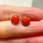 Genuine Natural Hawaiian Red Oval Cabochon Coral 14k Yellow Gold Earring Pair