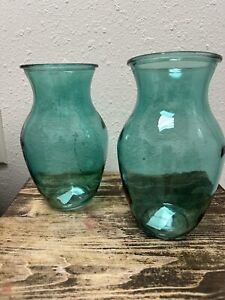 Teal Glass Vase 8.5” Tall, Turquoise Vase, Ribbed Pattern Inside, Blue Green