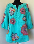 Maeve Anthropologie Turquoise Embroidered Hibiscus BOHO Shirt Top Size: X-Large