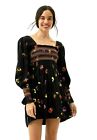 Urban Outfitters UO Smocked Mini Frock Dress Embroidered Floral Black SZ XS Boho