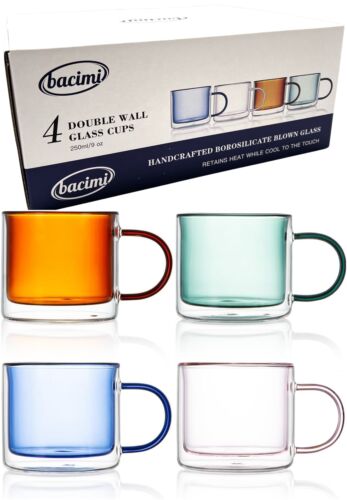 Bacimi Double Wall Borosilicate Glass Coffee Tea Cups Mugs 9oz / 250ml 4 Pack
