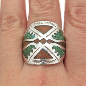 RICHARD & RITA BEGAY NAVAJO Old Pawn Sterling Turquoise Coral Inlay Ring Size 10