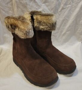 LL Bean Brown Suede Boot Sz 8.5 M Women Faux Fur Lined Apres Booties Shoe Winter