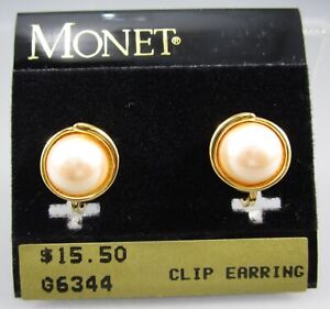 New Stock Vintage 90s MONET Gold Tone Framed Faux Pearl Clip on Ear Earrings 72D