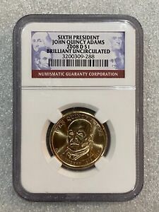 2008 D John Quincy Adams President Dollar Coin NGC Brilliant Unc ~ FIRST DAY ISS