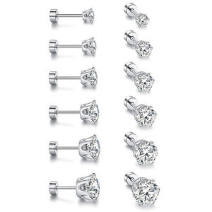 6 Pairs Stainless Steel Round Cubic Zirconia Stud Earrings Set for Men Women