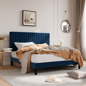 Full/Queen/King Upholstered Platform Bed Frame Adjustable Headboard, Blue
